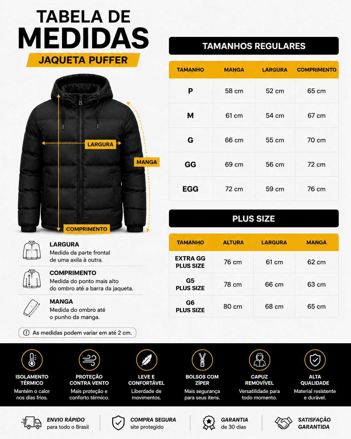 Jaqueta Puffer Corta Vento Nylon Frio Reforçada