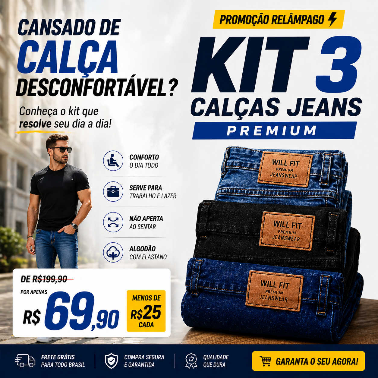 Kit Calças Jeans Premium - Frete Grátis - Skinny Corte tradicional Basico com Lycra