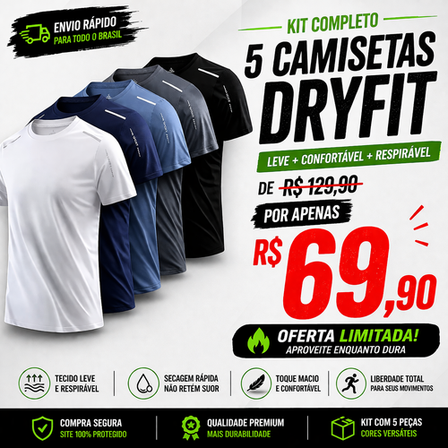 Kit 5 Camisetas DryFIT - Frete Grátis