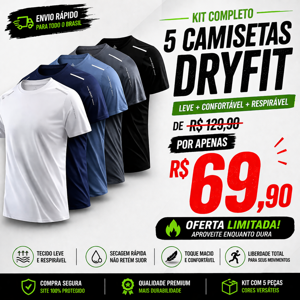 Kit 5 Camisetas DryFIT - Frete Grátis