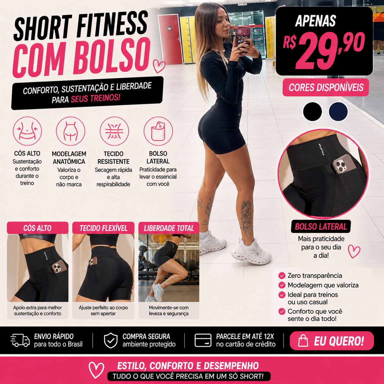 Short Feminino Fitness com Bolso