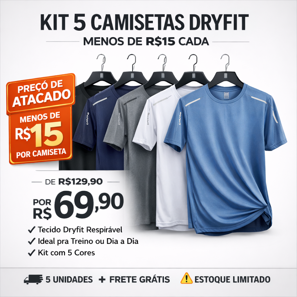 Kit 5 Camisetas DryFIT - Frete Grátis