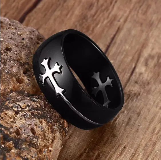 Anel Titânio Preto Cruz Prata Religiosa Luxo