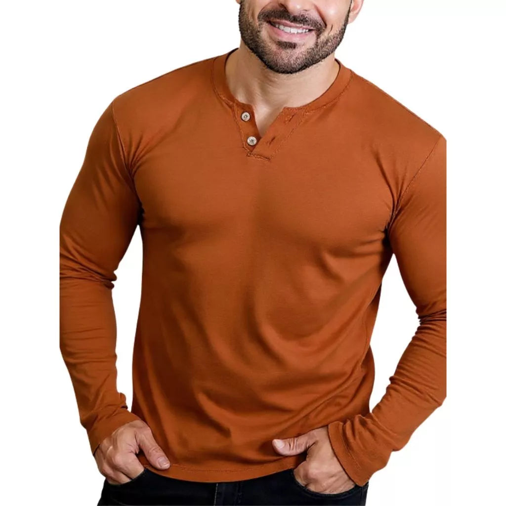 Camiseta Henley Masculina J Silver Slim Fit Manga Longa 2 Botões