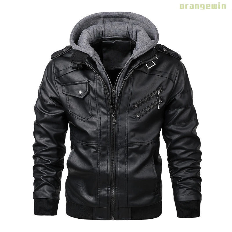 Jaqueta Masculina Com Capuz De Couro