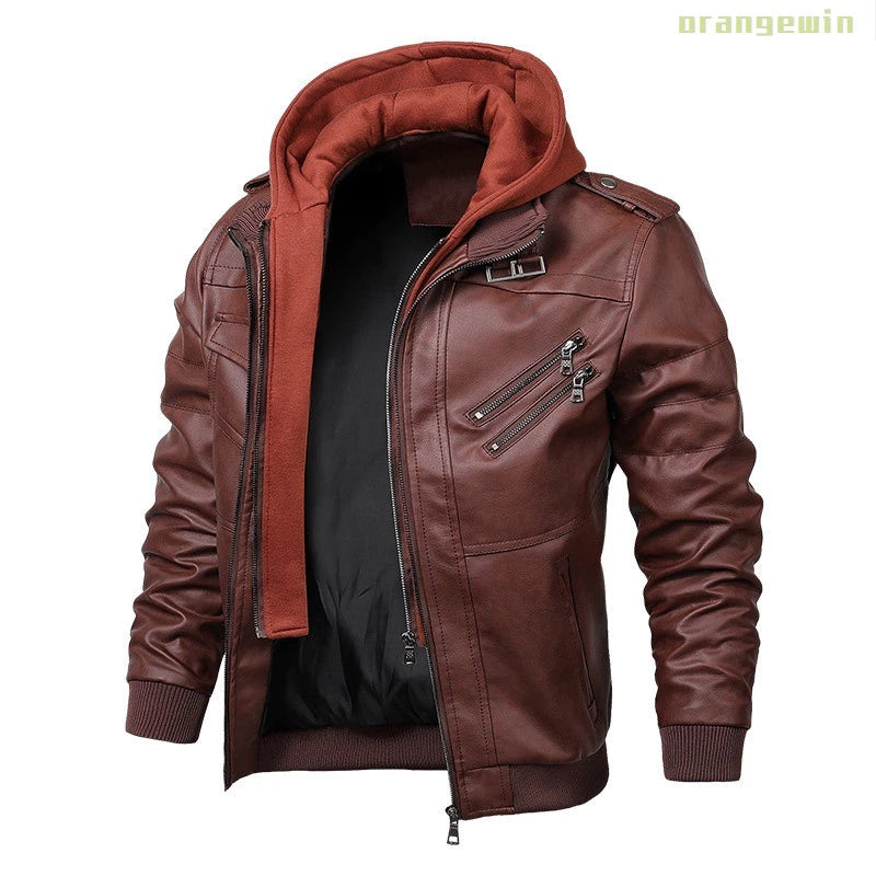 Jaqueta Masculina Com Capuz De Couro