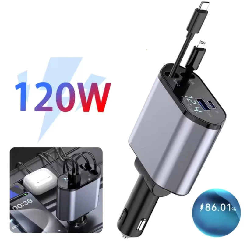 Carregador de carro retrátil 4 em 1 para iPhone e Android